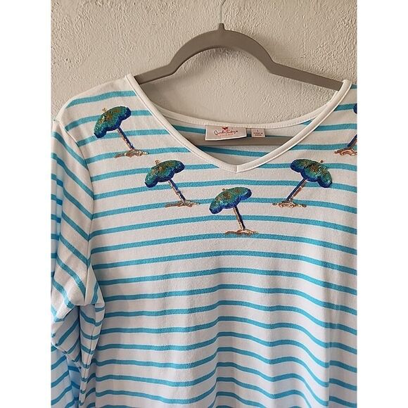 Quacker Factory Top Blouse Womens Size L Blue Striped Beach Florida Sequin - Picture 2 of 4